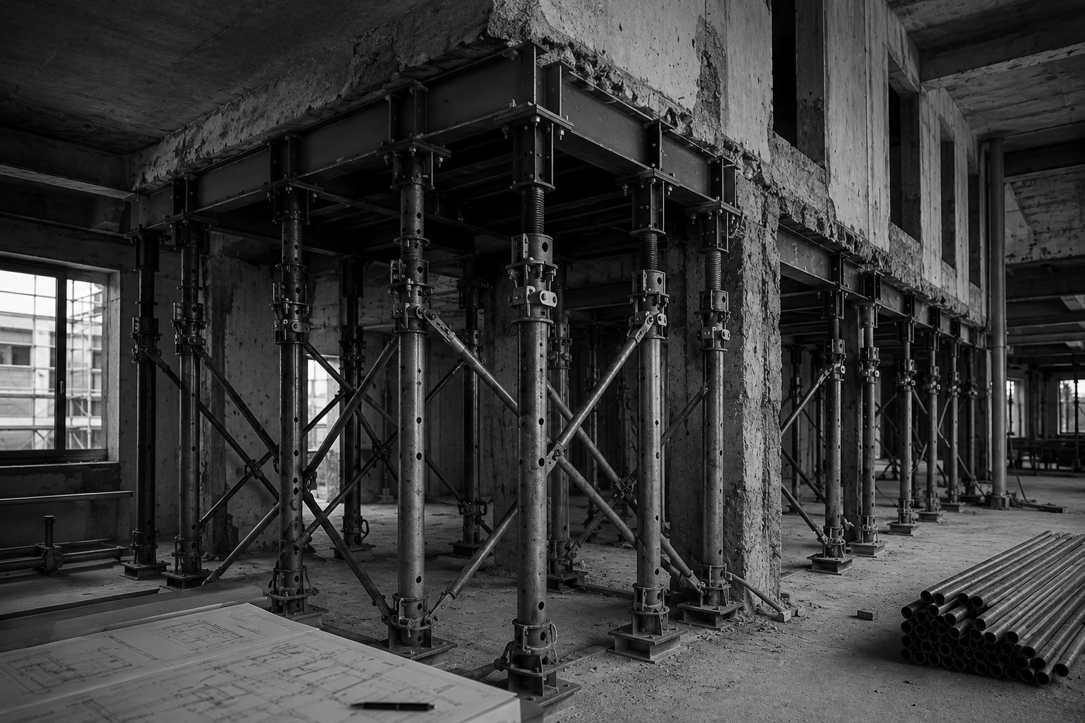 Construction site with temporary structural supports