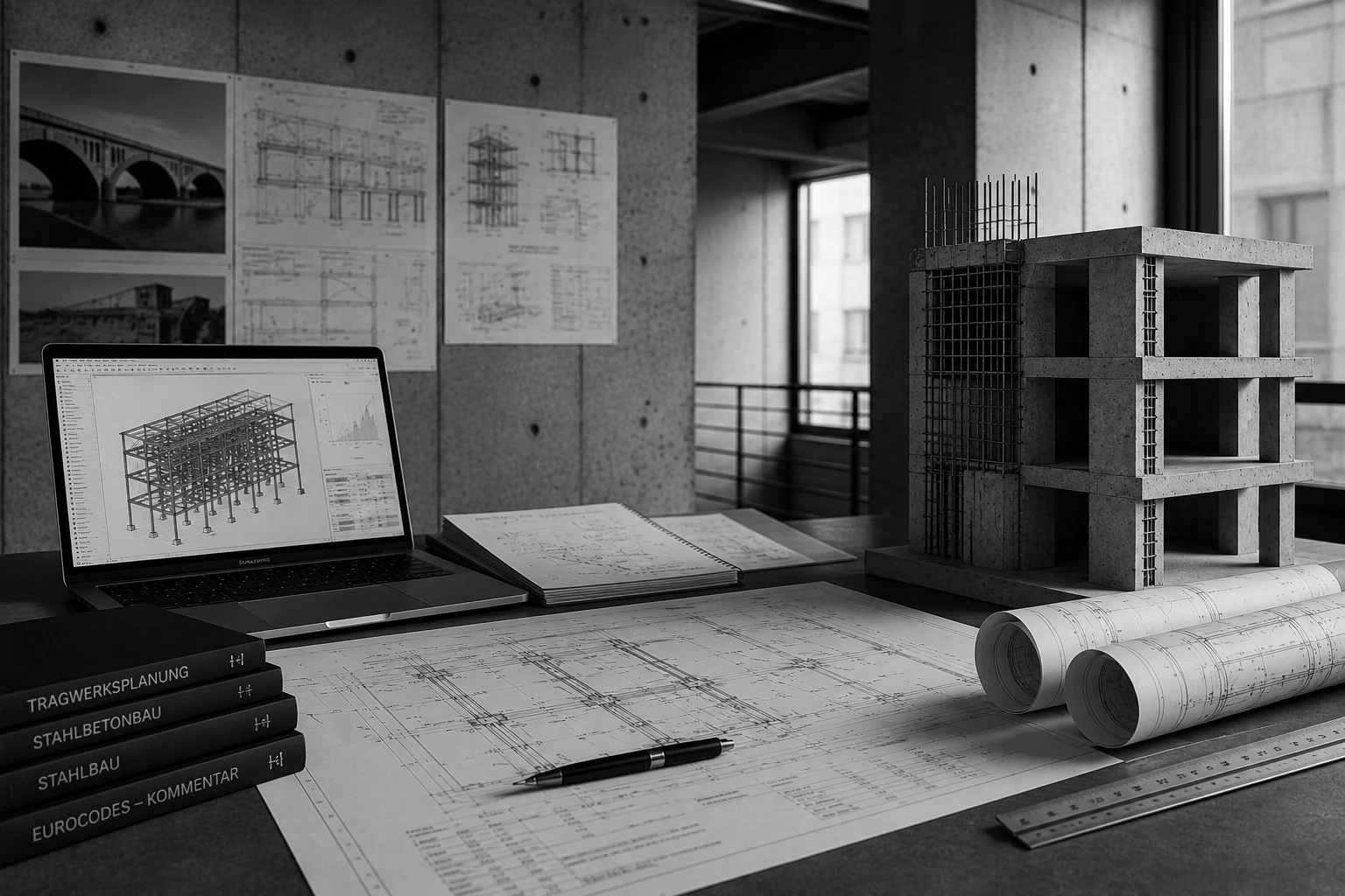 Structural engineering desk with drawings and model