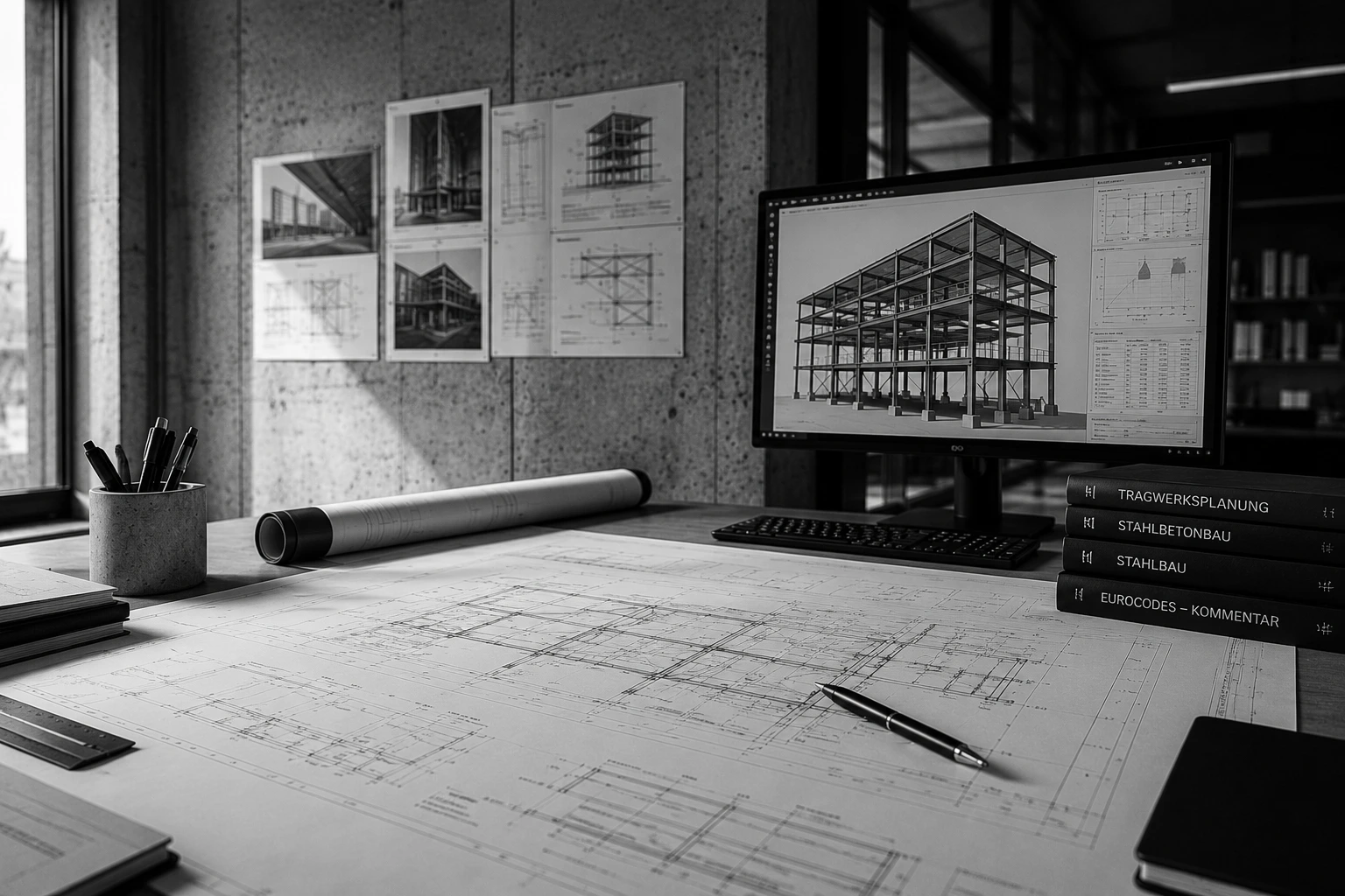 Structural planning workspace with steel frame model