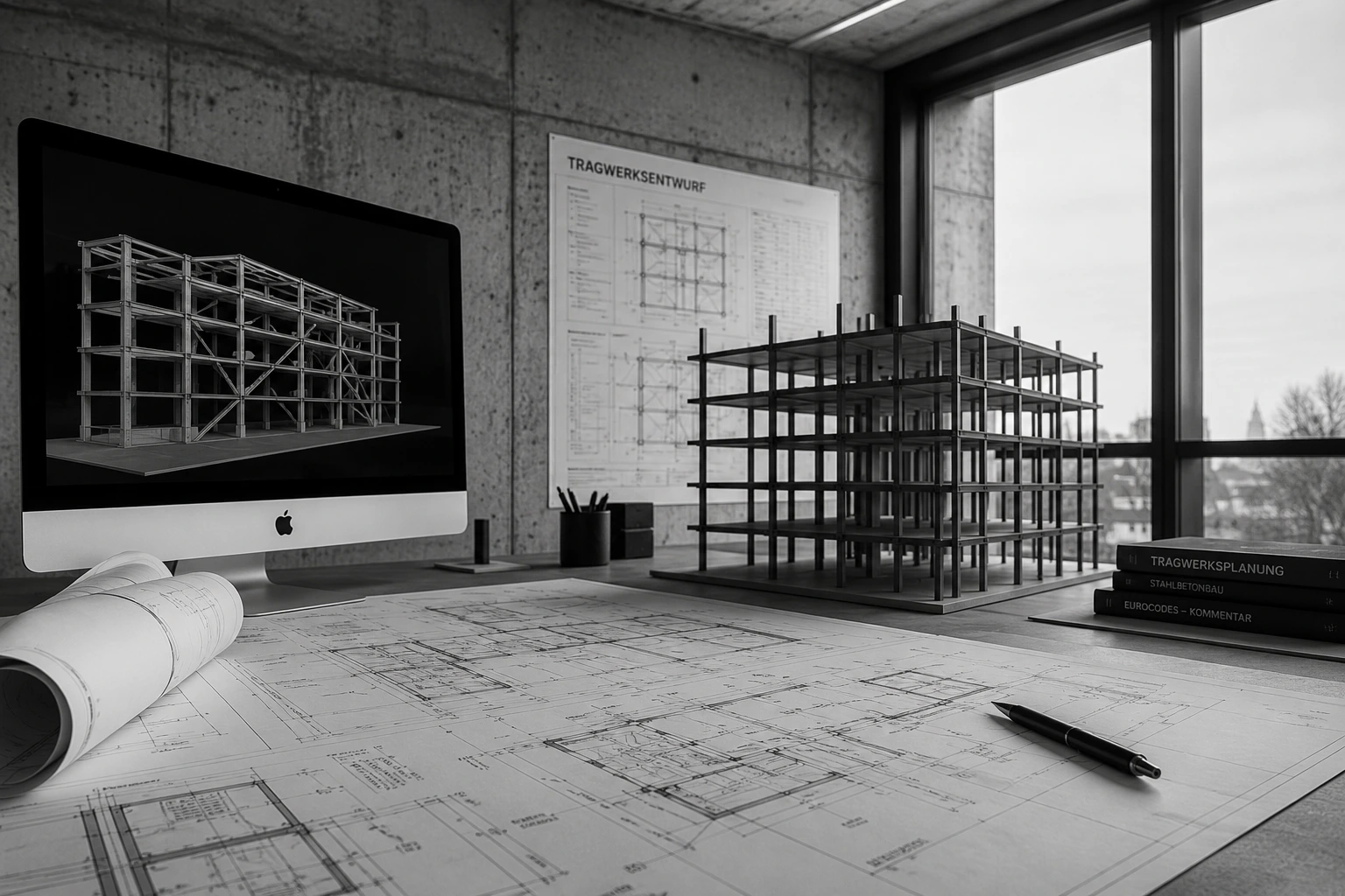 Engineering workspace with drawings and structural model